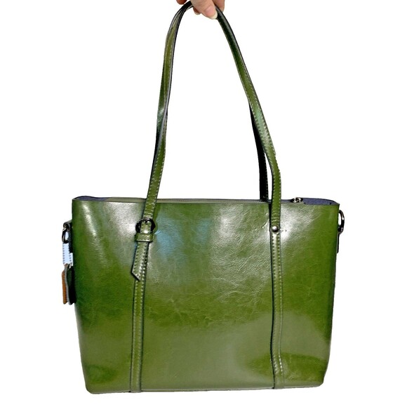 MDBM Maison de Beauté Provence Green Leather Front Pocket Tote Handbag w/ pouch - Picture 5 of 16